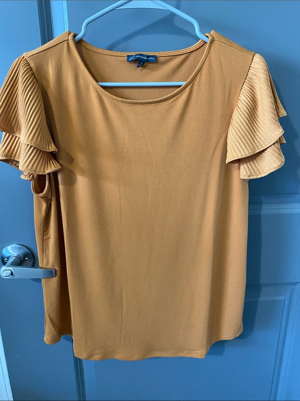 Adrianna Papell Mustard Ruffle Sleeve Short Sleeve Top